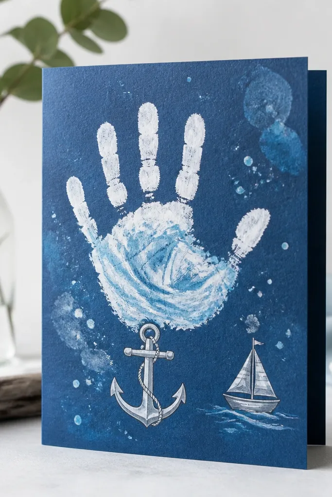 A blue ocean-themed card with a handprint pressed in white and light blue like waves. A simple anchor drawing sits below, with a small sailboat doodle. The card background includes subtle watercolor splashes.