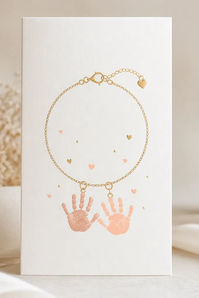 A slim greeting card with a gold “bracelet” outline. Inside the outline are two small handprints (one in rose gold metallic paint and one in peach) stamped like charms. Tiny hearts and dot accents surround the handprints.