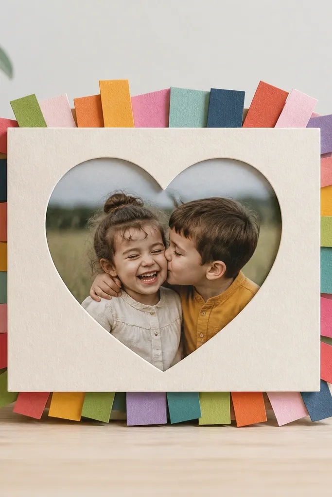 A small rectangular frame made from layered cardstock, featuring a large cutout heart window in the center and a photo inserted behind the heart; colorful paper strips peek out like a pop-up border.
