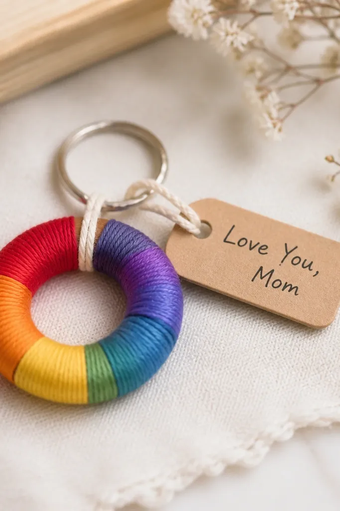 A small keychain made from a wooden craft ring with yarn tightly wrapped in rainbow stripes, finished with a tiny tag that reads “Love You, Mom” in neat handwriting.