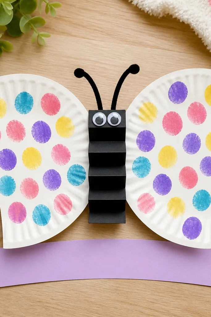 A paper plate butterfly craft with two large wings decorated with fingerprint dots, a small body made from folded black paper, and two googly eyes; a strip of cardstock at the bottom says “Mom & Me.”