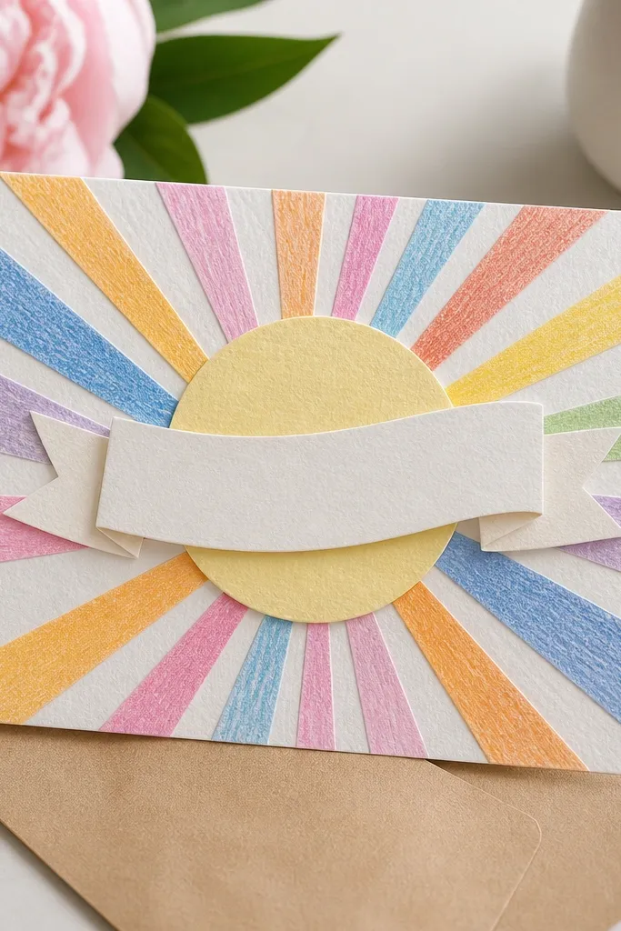 A card with a sunburst design made from small crayon-colored paper rays radiating from a center circle, topped with a hand-lettered “Happy Mother’s Day” banner.