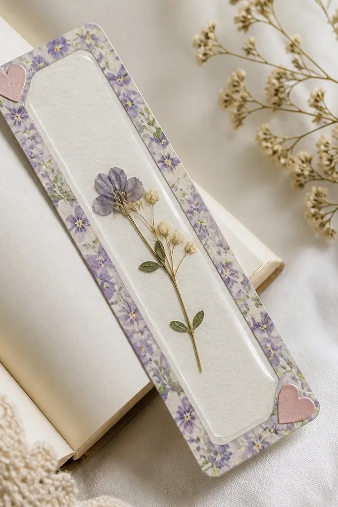 A bookmark made from thick cardstock with a small pressed flower sealed under clear tape, surrounded by a decorative washi tape border and a cute heart corner detail.