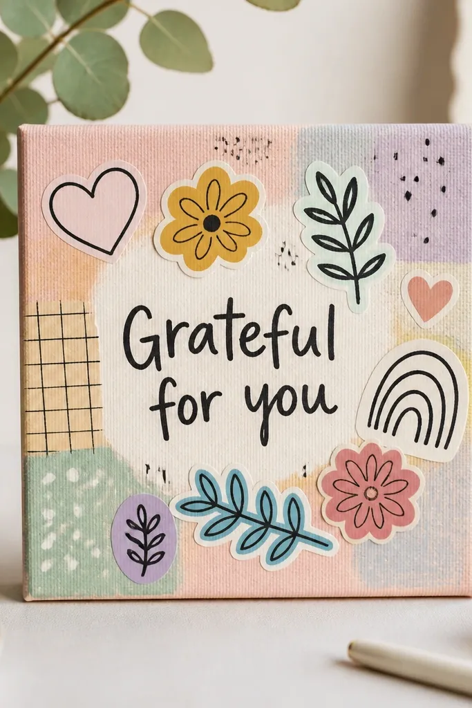 A small canvas board painted in a soft pastel background, covered with layered sticker shapes and hand-drawn icons, with the words “Grateful for you” centered in bold marker.