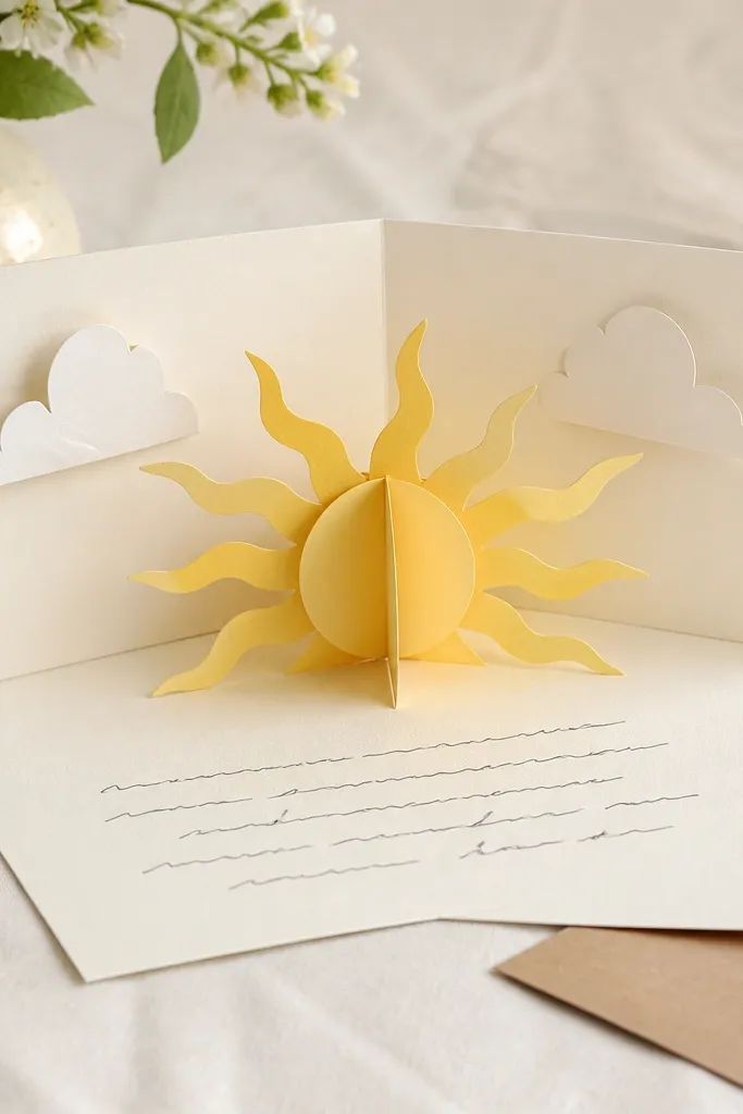 An open card showing a yellow paper sun that pops up from the center, with wavy rays, a handwritten message, and small cloud flaps on the inside.
