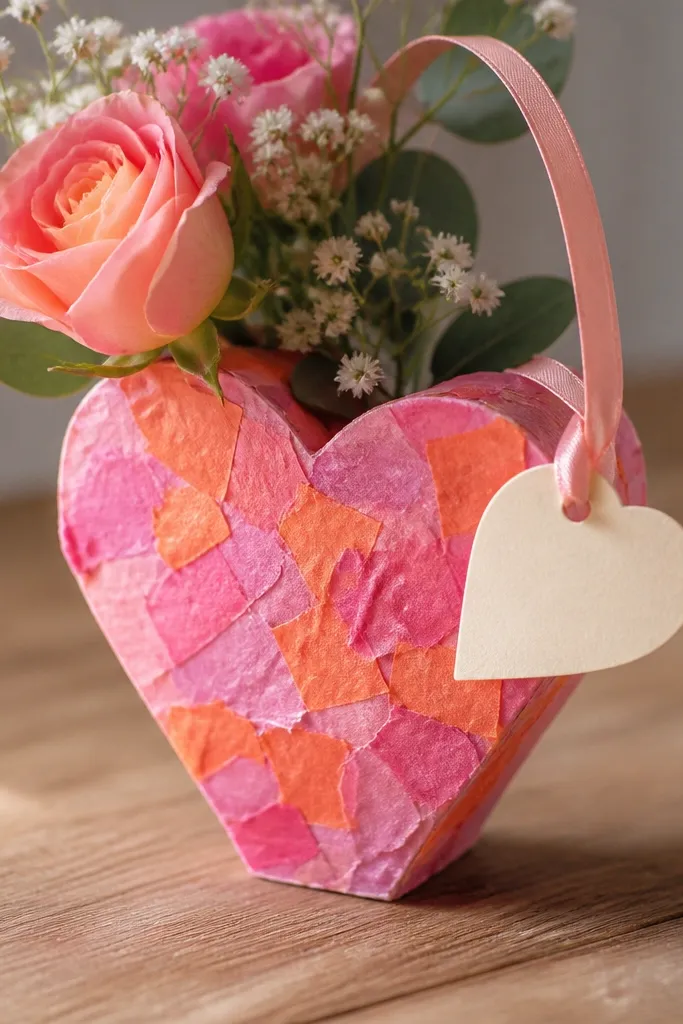 A small paper vase shaped like a heart, covered in torn tissue paper confetti pieces in pink and orange, with a ribbon handle and a handwritten “Happy Mother’s Day” tag.