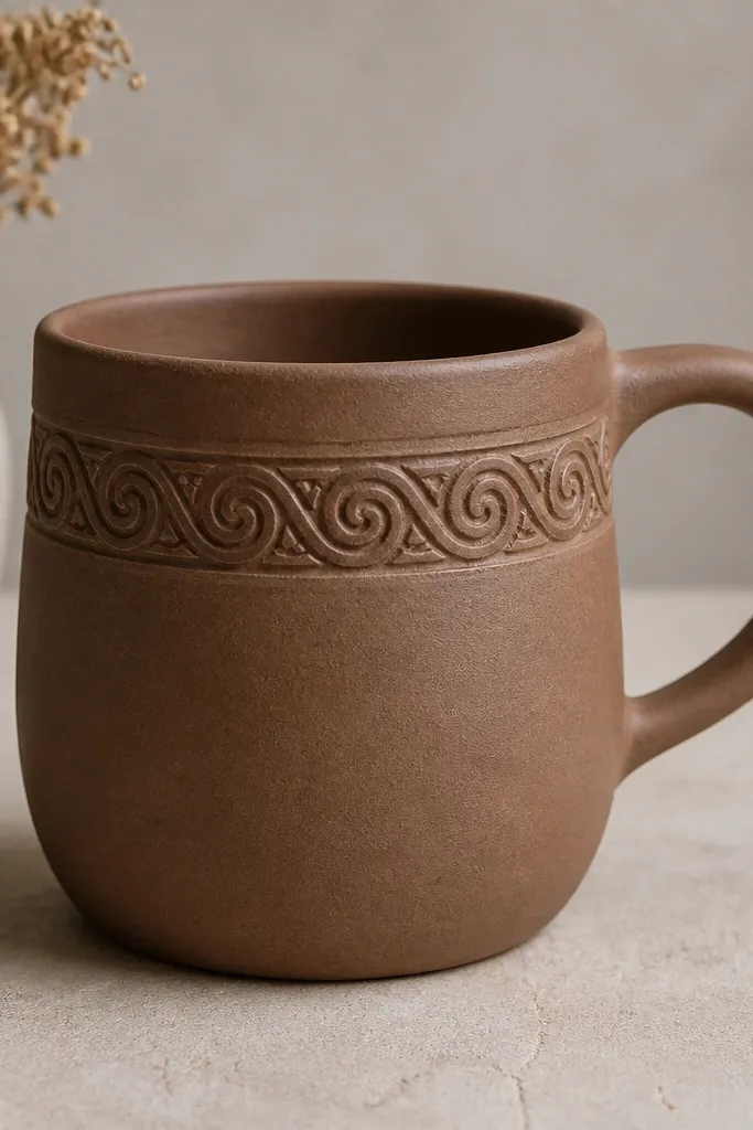 A clay mug showing a raised swirl band around the upper third, with the rest of the surface smooth and matte.