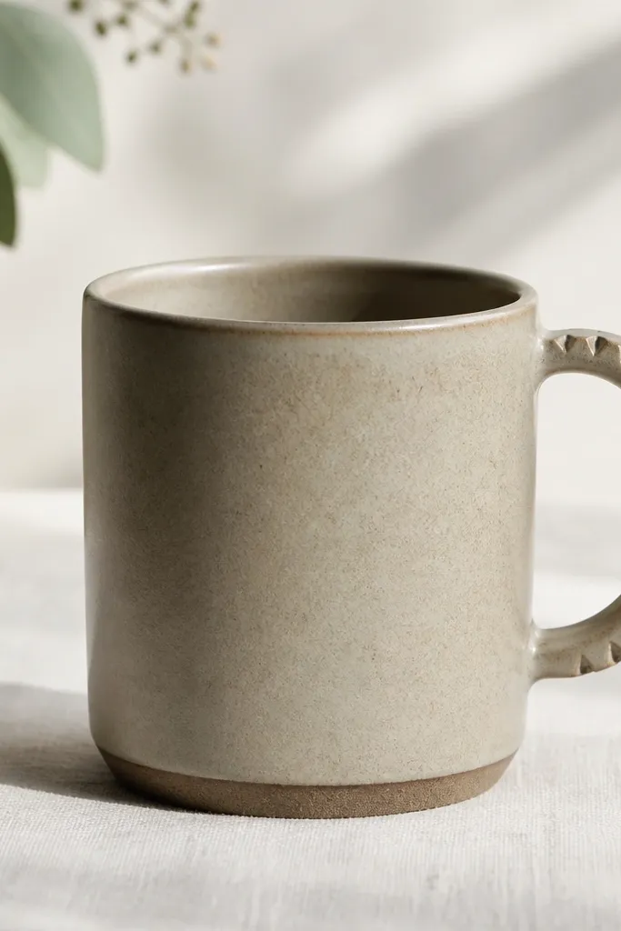 A mug with a handle that has small triangular notches on the outer curve, while the inner curve stays smooth.