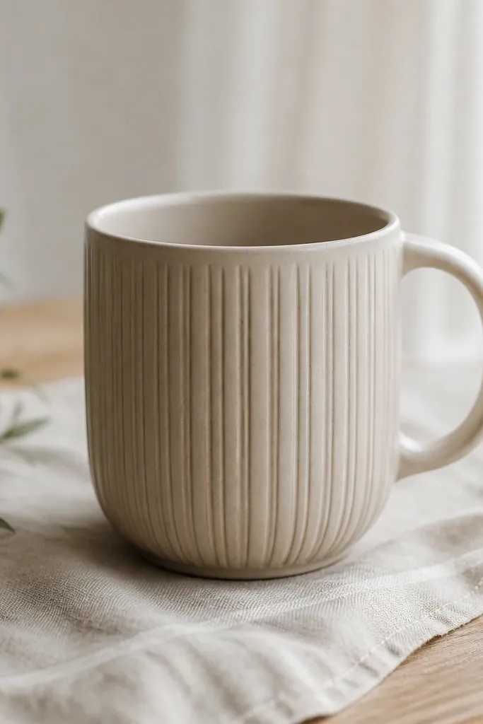 A mug with evenly spaced vertical ribs running from just below the rim down toward the base, with a plain handle.