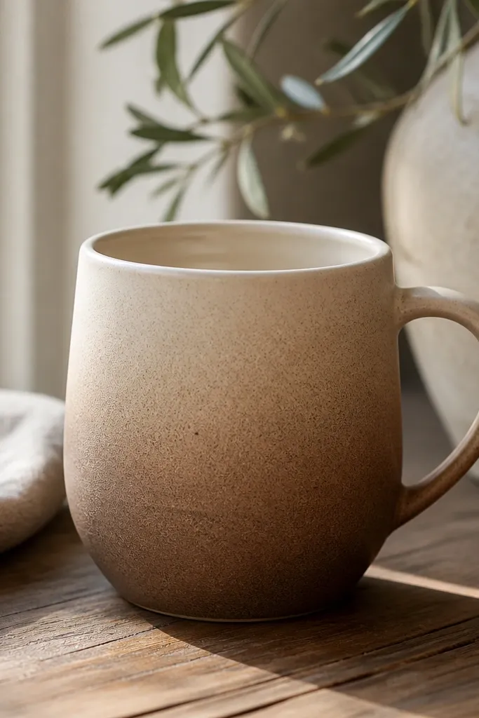A mug where the clay color fades from darker at the base to lighter near the rim, with a smooth blended transition.