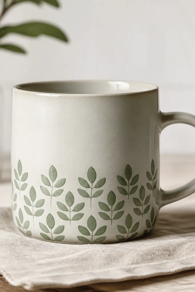 A mug with a repeating leaf stamp pattern concentrated around the lower third, leaving the upper body smooth.