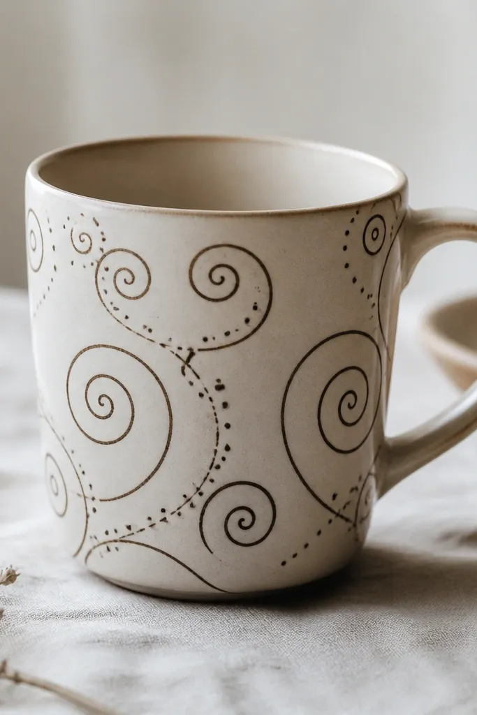 A mug showing thin black-brown linework spirals and dots on a lighter clay background, with a smooth surface.