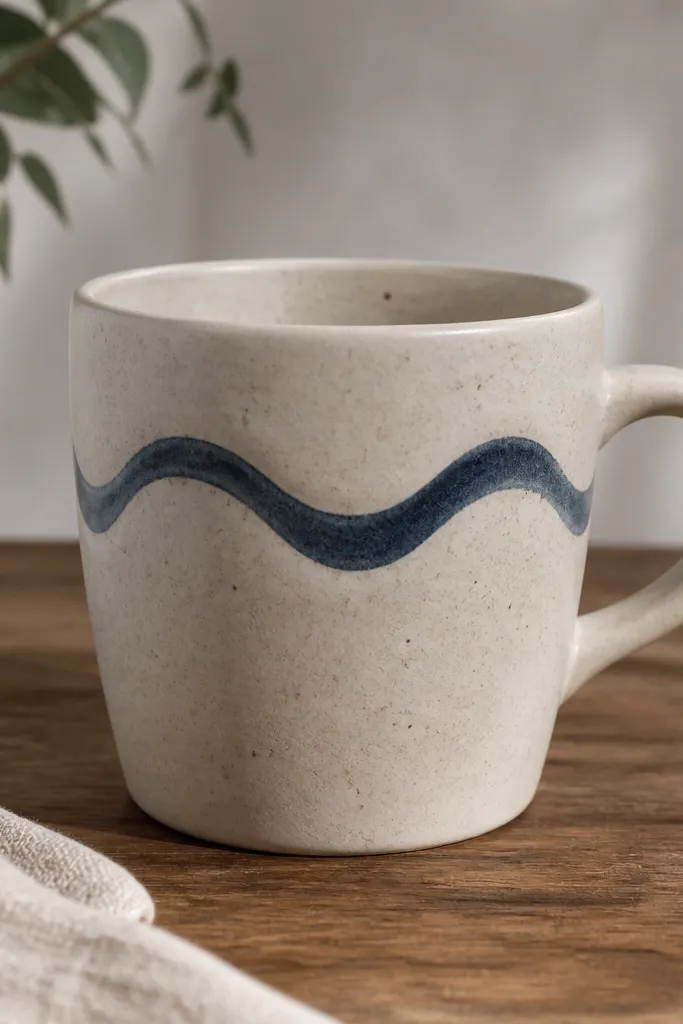 A mug with a wave band featuring alternating concave and convex arcs wrapping around the upper midsection.