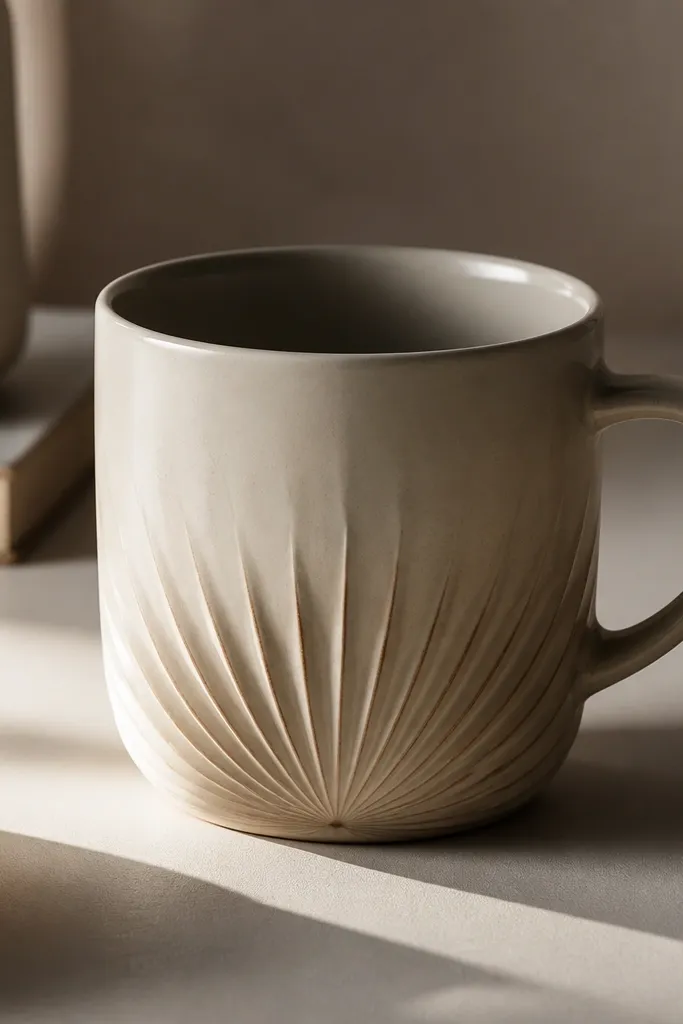 A mug with smooth upper sides and a starburst texture radiating from the center of the base area.
