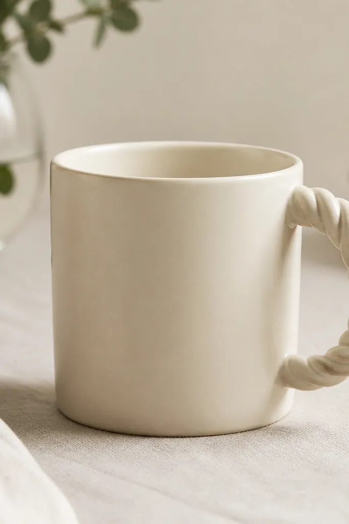 A mug with a handle that looks like it’s wrapped in a rope twist, with a smooth mug body and a clean rim.