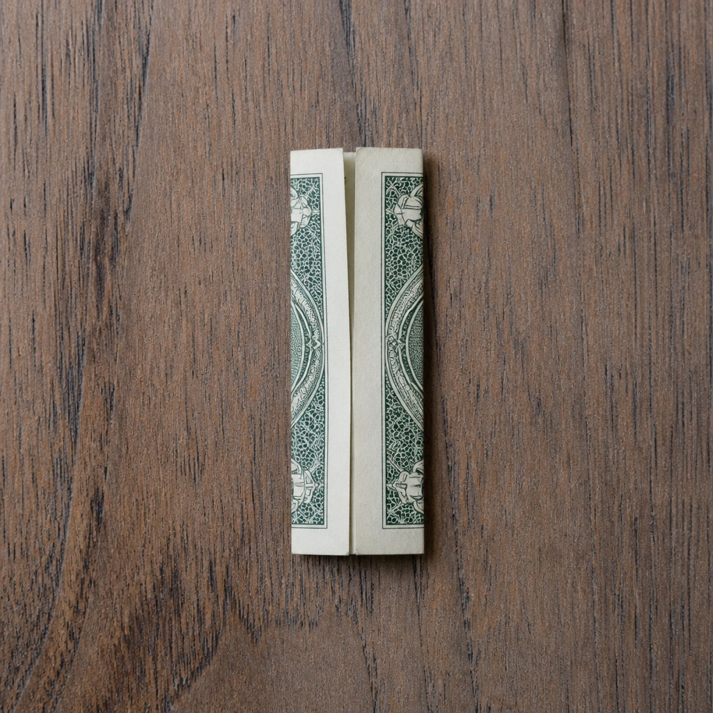 A top-down photo showing a dollar bill folded into a slim rectangle with both long edges folded toward the center crease.