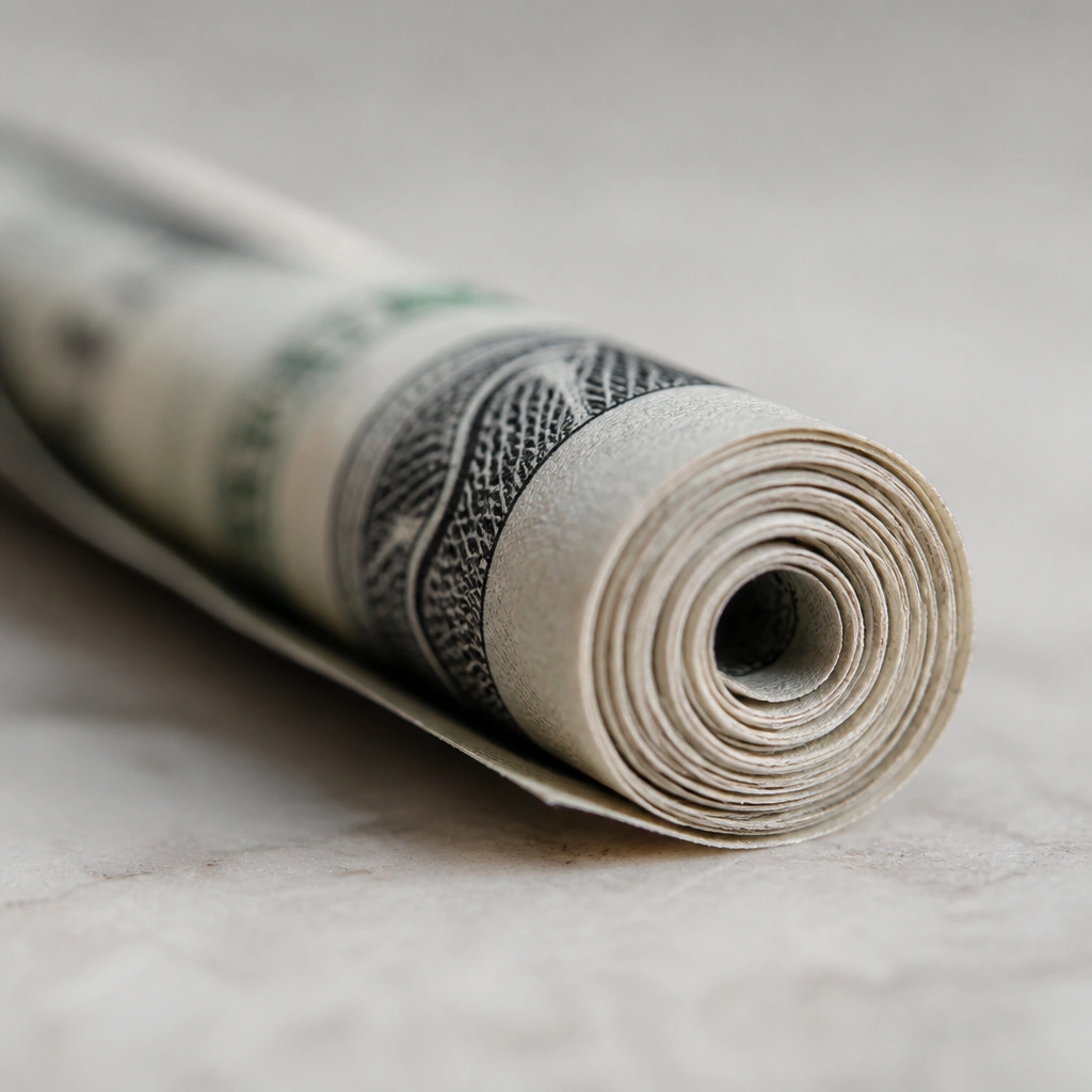 A close-up of the slim folded bill being rolled tightly at one short end, with the roll forming a small spiral center.