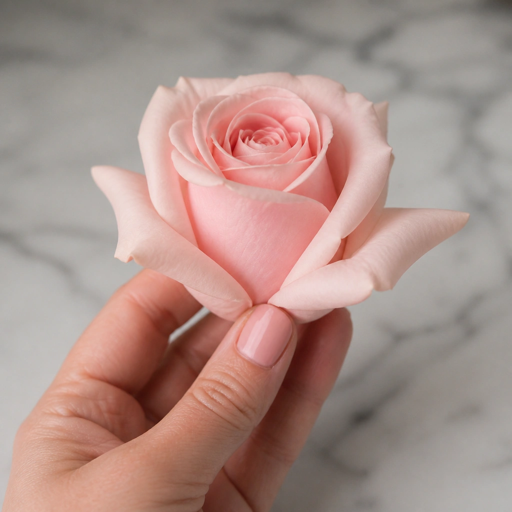 A photo showing the rose center pinched at the bottom while the outer layers are gently bent outward into a bud shape.