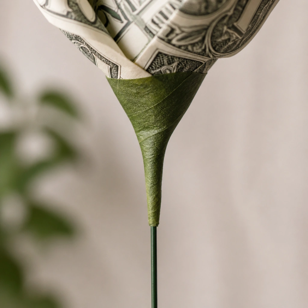 A close-up of green floral tape wrapped around the bottom of the money rose and transitioning down to a thin wire stem.