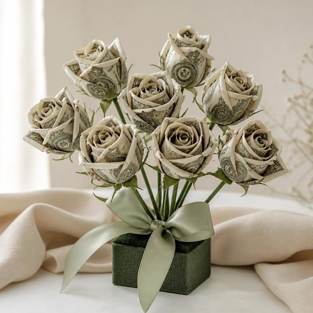 A bouquet of several money roses arranged in a small foam block with stems inserted at different angles, wrapped with ribbon around the stems.