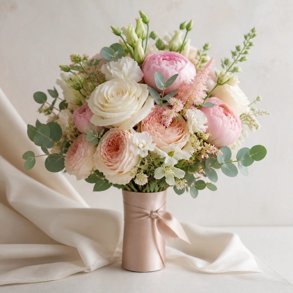 A bouquet tied with satin ribbon where the ribbon covers the bottom stem area, with a neat knot and a short ribbon tail.