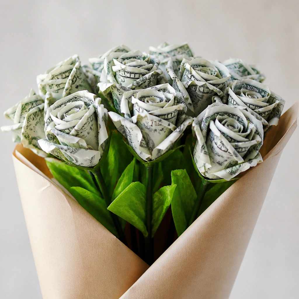 Small green tissue or crepe paper leaf pieces tucked around the money rose stems near the base of the bouquet.