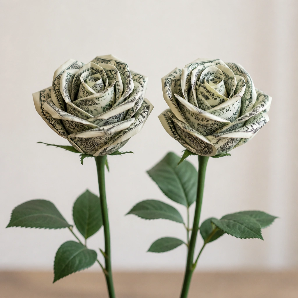 A photo of two finished money roses side by side, both made from bills, showing similar petal size and shape with green stems.