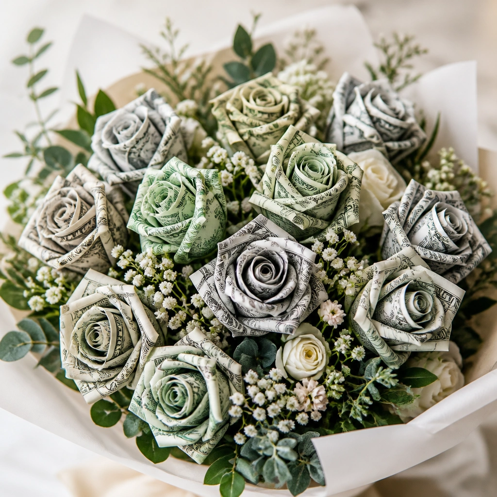 A bouquet where some roses are made from $1 bills and others from slightly different bill tones, all arranged together.