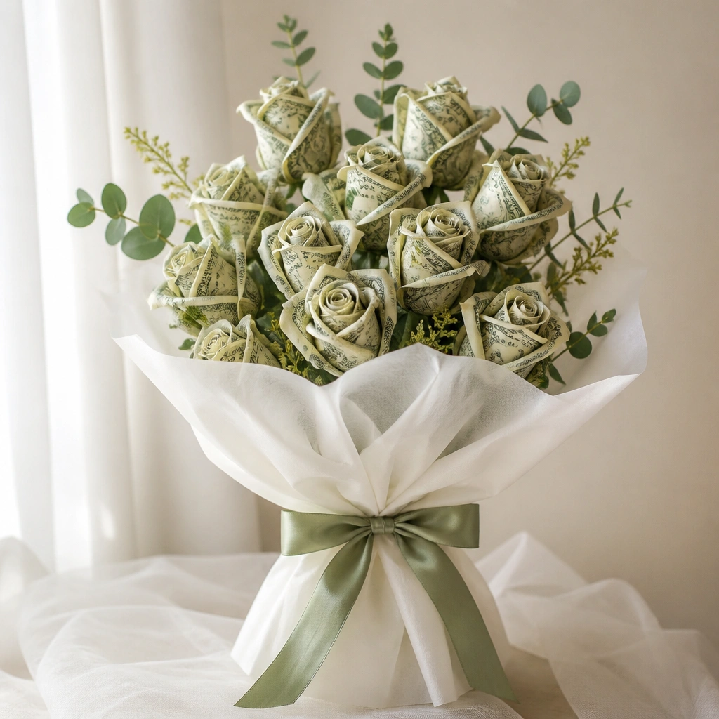 A bouquet wrapped at the base with tissue paper, with money rose stems emerging above the tissue and ribbon around the wrap.