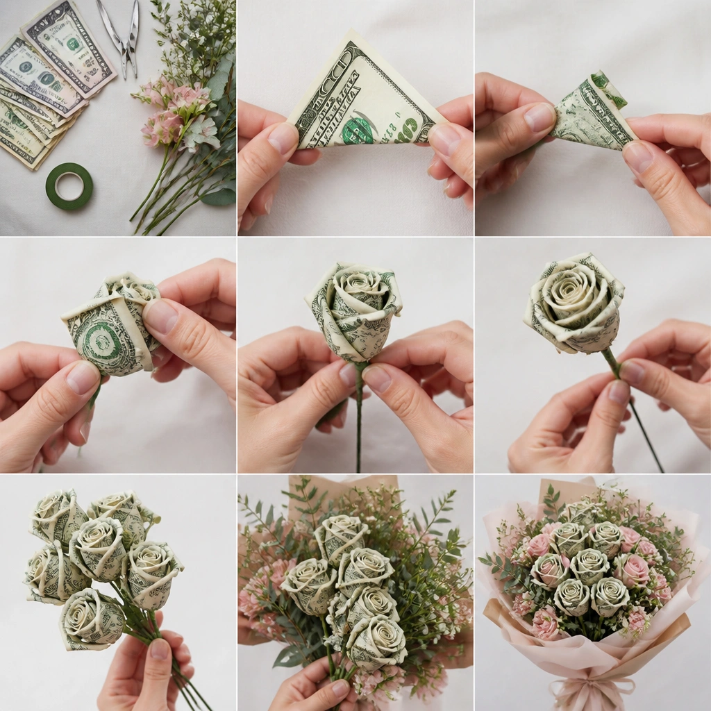 How to Fold a Money Rose Bouquet