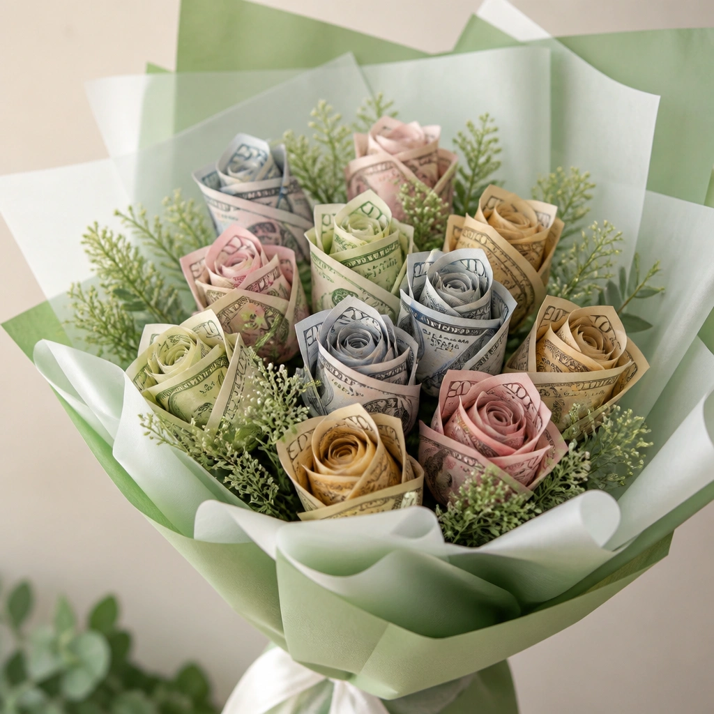 A money bouquet where some flower heads are made from different denomination bills, surrounded by small sprigs of faux greenery and wrapped in green-and-white tissue paper.