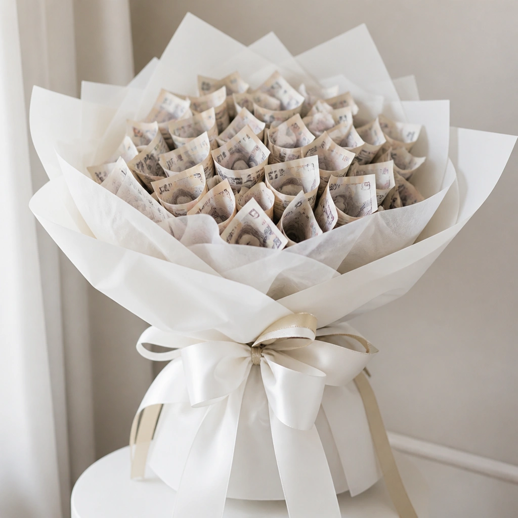 A cash bouquet wrapped with white tissue and a large white satin bow, with a thin gold ribbon layer tying the bouquet wrap.