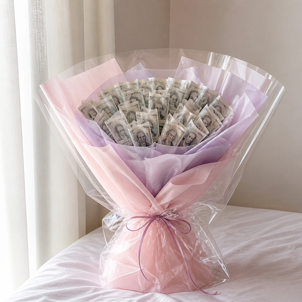 A money bouquet wrapped in pastel pink and lavender tissue paper with a clear cellophane outer layer, tied with a thin ribbon at the front.