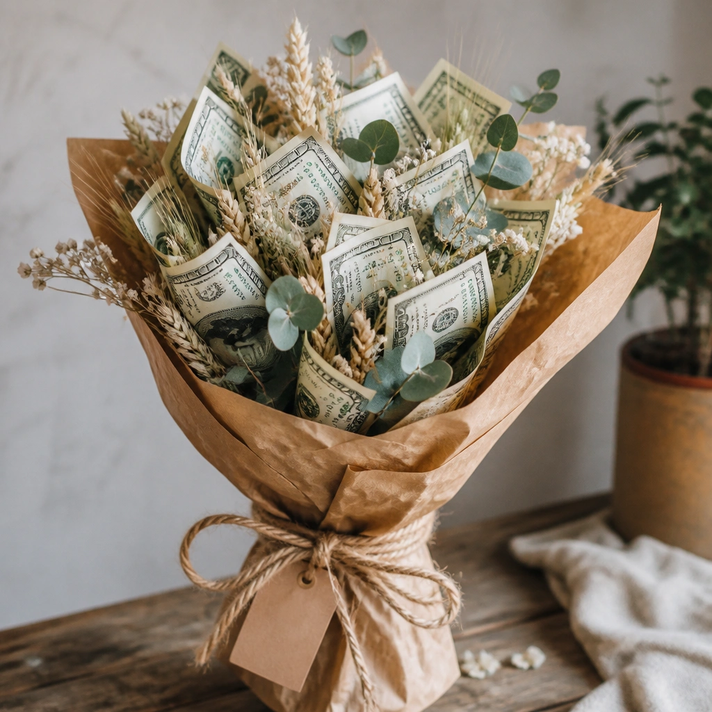 A rustic money bouquet wrapped in kraft paper with visible texture, tied with thick twine and a small tag at the base.