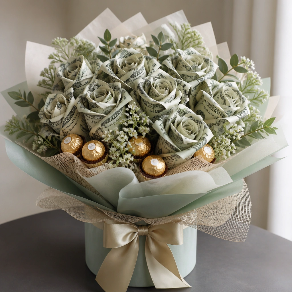 A money bouquet wrapped like a gift basket, with rosette cash flowers and small faux candy pieces tucked in around the base.