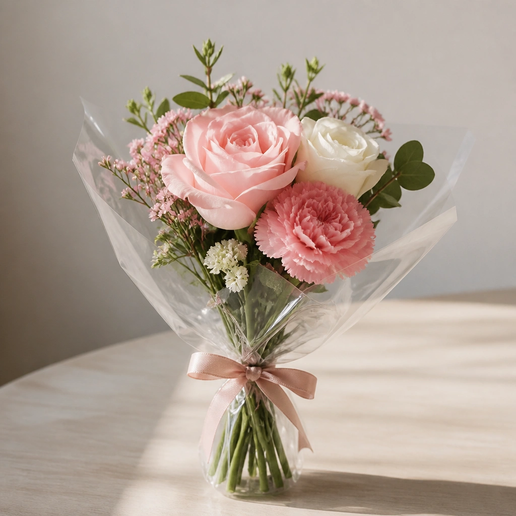 A compact bouquet with fewer flower heads, wrapped in small cellophane, tied with a narrow ribbon, and placed in a tight cluster of stems.