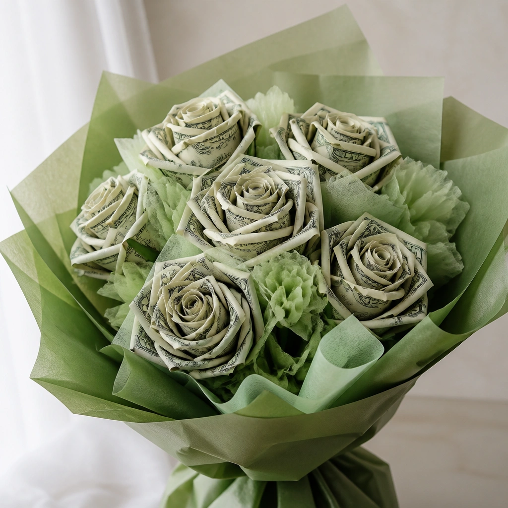 Money rosette flowers with green stems, plus small tissue accents tucked between the rosettes, all wrapped in matching green tissue paper.