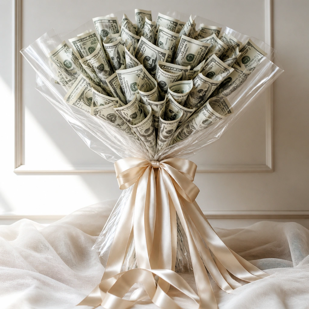 A cash bouquet in clear cellophane wrap, with long ribbon tails hanging down like a waterfall from the knot.