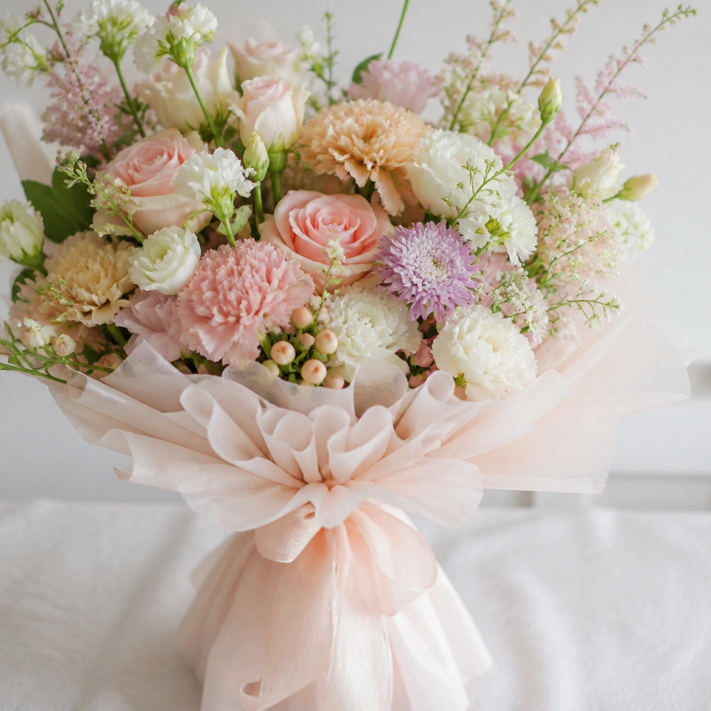 A bouquet base wrapped with tissue fringe that fans out around the stems, hiding the foam block and creating a fluffy ring.