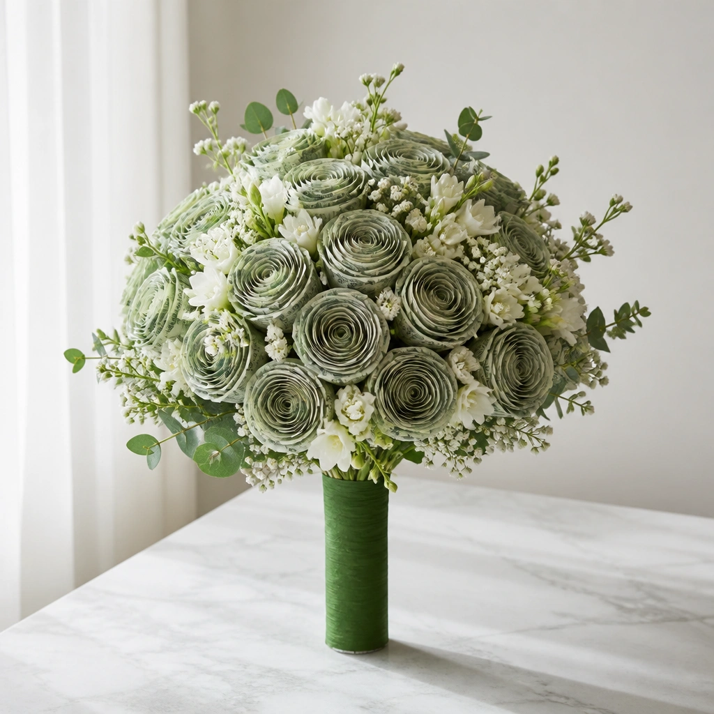 A bouquet where stems are perfectly wrapped with floral tape, showing no visible seams, with rosette cash heads aligned neatly.