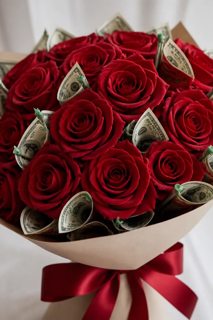 Deep red silk roses with money petals tucked around the outer edges, each petal secured with a tiny green-taped wire, and a red satin ribbon at the wrap.