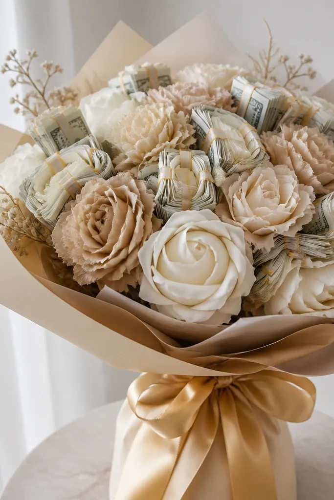 A beige and cream silk bouquet with layered money bands around the flower centers, wrapped in tan paper and tied with a gold ribbon.
