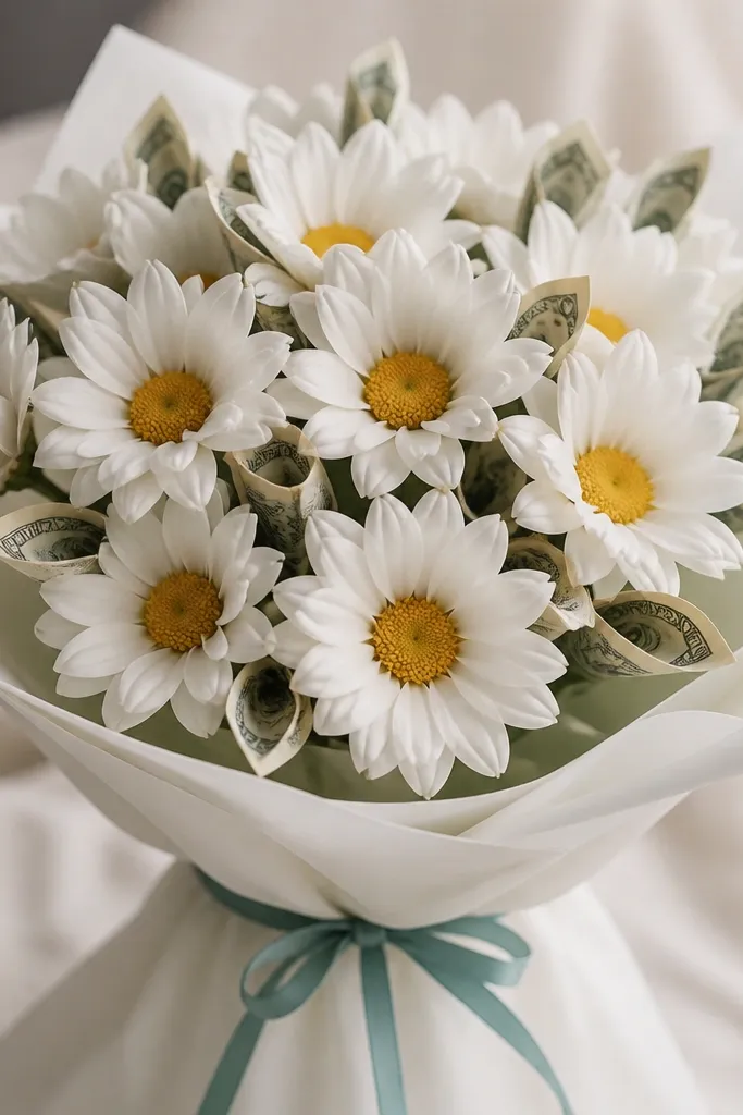 White daisy-like silk blooms with many small folded bill petals scattered around the centers, bouquet wrapped in white paper with a thin teal ribbon.