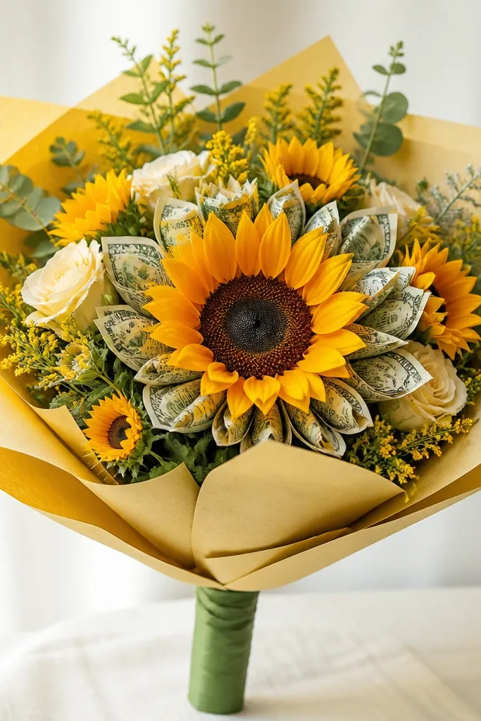 A bright sunflower-inspired silk bouquet with money petals tucked into the middle rings, stems wrapped in green floral tape, and wrapped in yellow kraft paper.