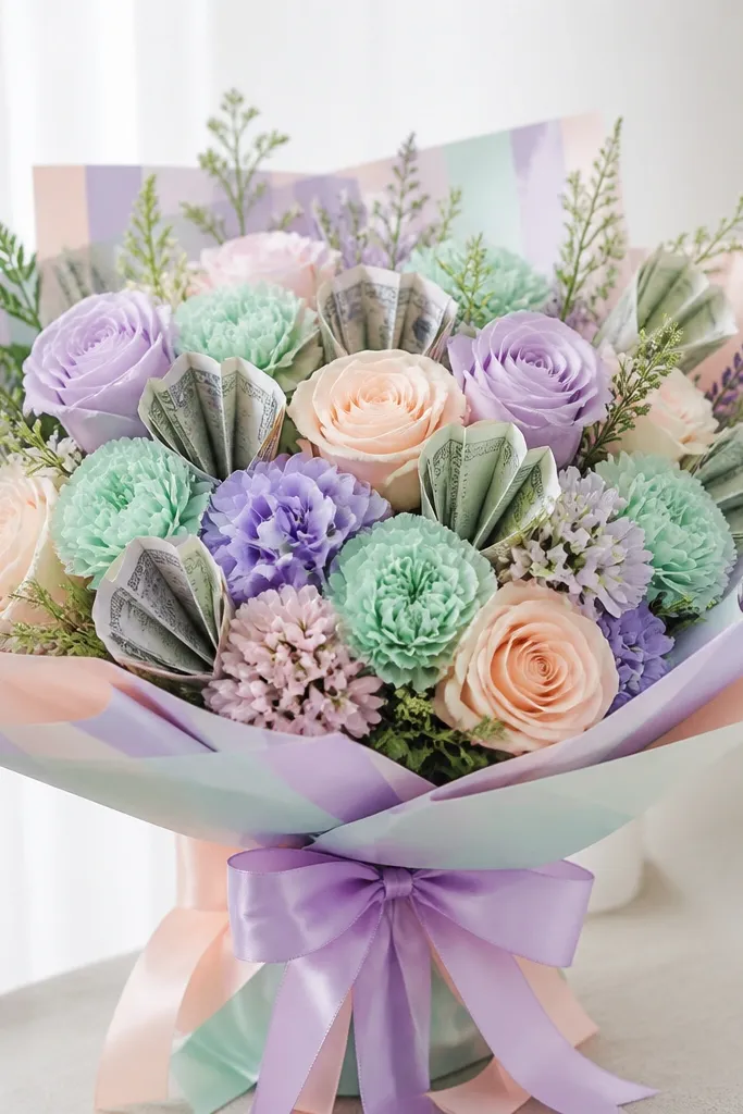 A pastel bouquet with lavender, mint, and pale peach silk flowers; folded bills are tucked in alternating clusters, and the wrap is pastel-striped paper with a soft bow.