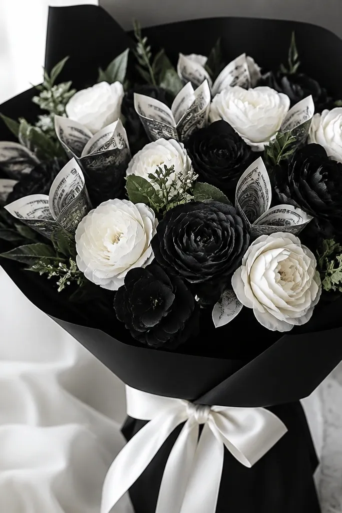Black and white silk flowers with folded black-and-white banknote-style petals tucked into centers, wrapped in black paper with a white satin ribbon.