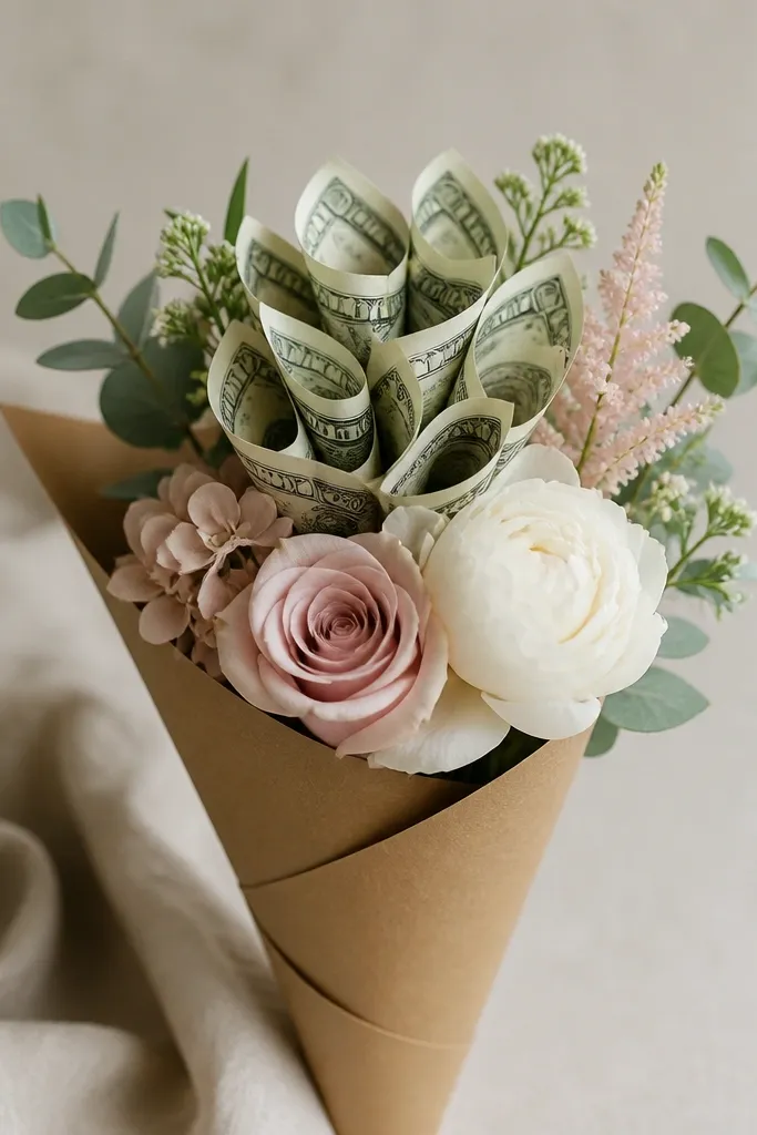A compact bouquet in a small kraft-paper cone holder, with 4-6 silk stems and a tight cluster of folded money petals near the top.
