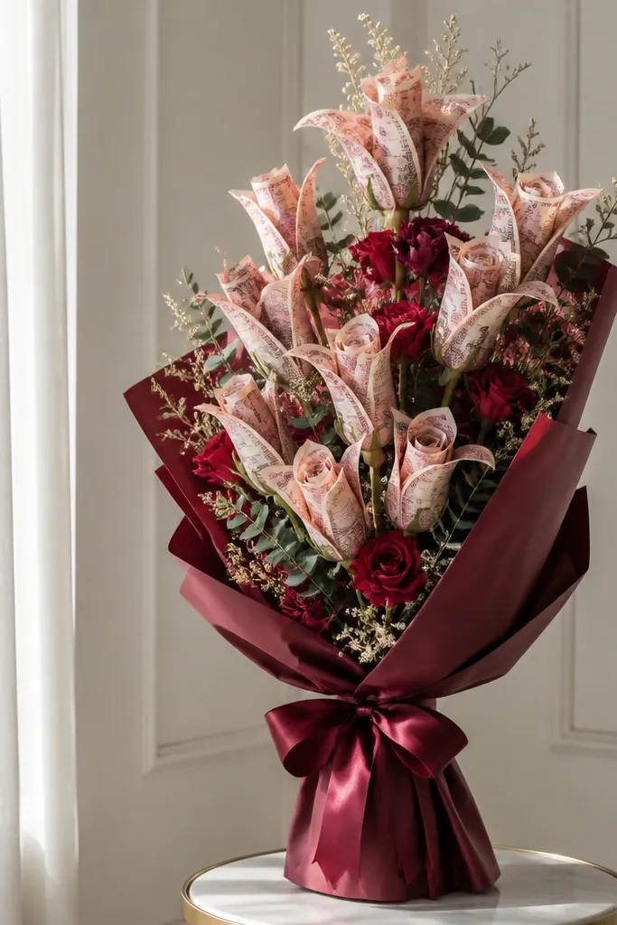 A tall bouquet with long-stem silk flowers; money petals are longer and curl slightly at the edges, wrapped in deep burgundy paper and tied with a bow.