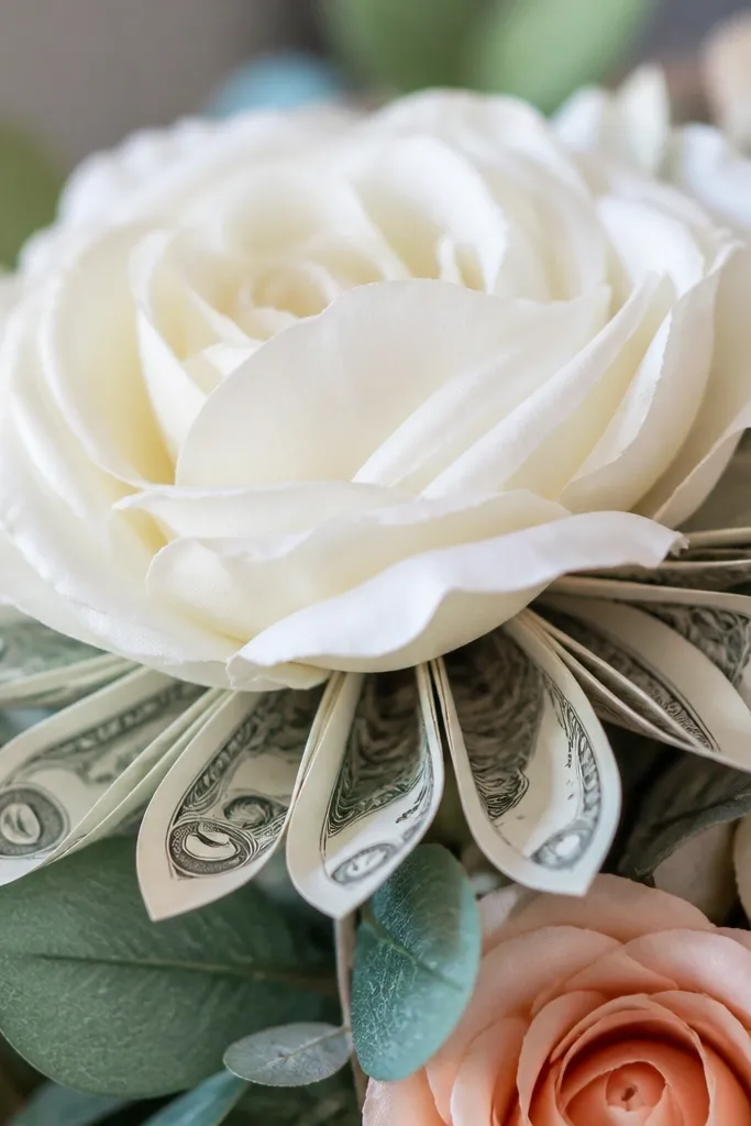 Close-up view of silk flowers with money petals attached; glue dots are not visible because the petals sit under the flower head and between layers.