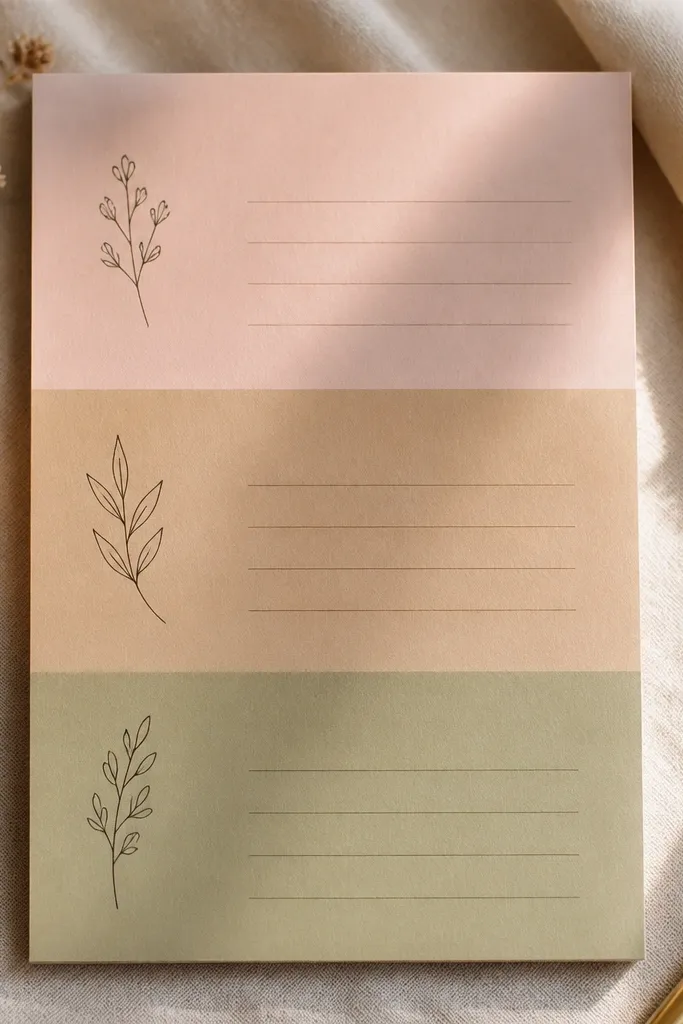 A page split into three horizontal bands with different colors: blush pink, warm tan, and soft olive. Each band has a small handwritten prompt on the left and blank lines on the right for quick entries.